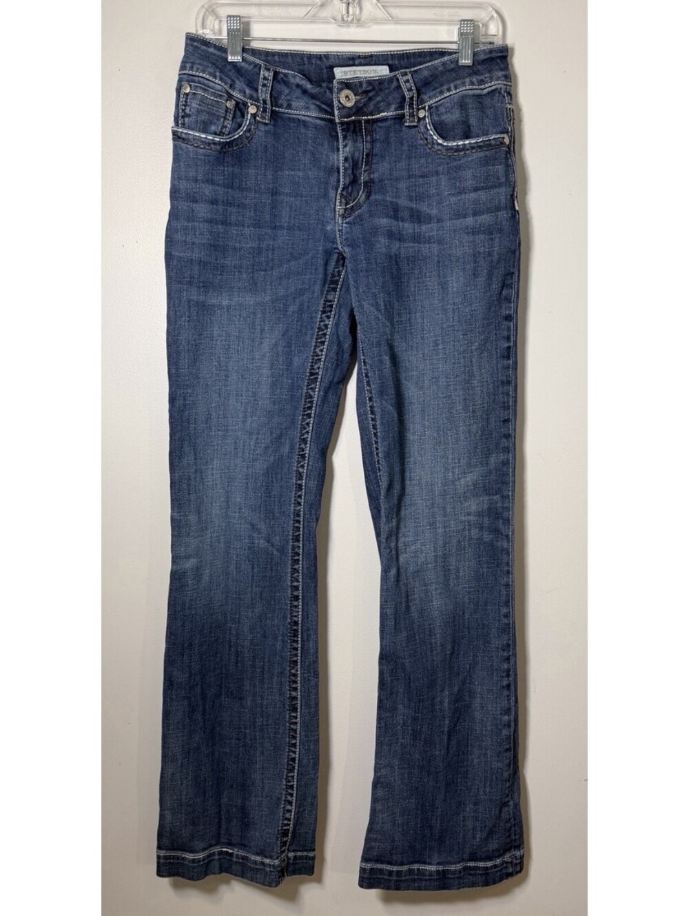 Stetson Med Blue Western Bootcut Jeans Embellished Contrast Stitching 8 Long GUC
